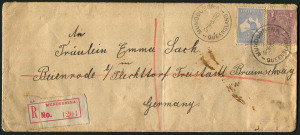 Australia: Postal History: 1923 (Jan.3) registered cover to Germany with Roos Third Wmk 6d Blue Die II (pulled perf) + KGV 1d Violet tied by MUNDUBBERA (Qld) datestamp with another fine strike alongside, red/white registration label, on reverse BRISBANE transit and FLECHTORF arrival datestamps, some soiling.