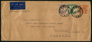 Australia: Postal History: 1936 (June 16) airmail double-rate cover to Germany endorsed "AUSTRALIA-ITALY" (for airmail) with 2/- Maroon Kangaroo, 1/- Large Lyrebird + KGV 5d Brown tied by COOGEE (NSW) datestamps, on reverse SYDNEY transit backstamp.