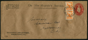 Australia: Postal Stationery - Envelopes: 1953 (Apr. 9) OHMS use of 2½d Stationery Envelope for Education Department (Melbourne), uprated with ½d Roo perf. 'VG' pair for postage rate increase (from July 9, 1951), adhesives and indicia tied by YALLOURN (Vic) datestamp, addressed to Melbourne.