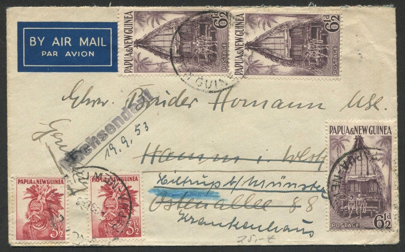 PAPUA NEW GUINEA: 1953 (Sept.9) airmail cover to Ostenallee, Germany (redirected to a hospital) with Pictorials 6½d (3) & 3½d red (2) tied by KOKOPO datestamps, with 'Nachsenden' (redirection) handstamp applied.