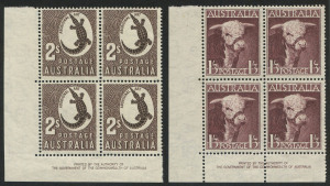 Australia: Other Pre-Decimals: Australia: 1948-56 (SG.223 & 224) 1/3d Hereford Bull and 2/- Crocodile in Authority imprint blocks of 4, fine MUH, Cat $40.