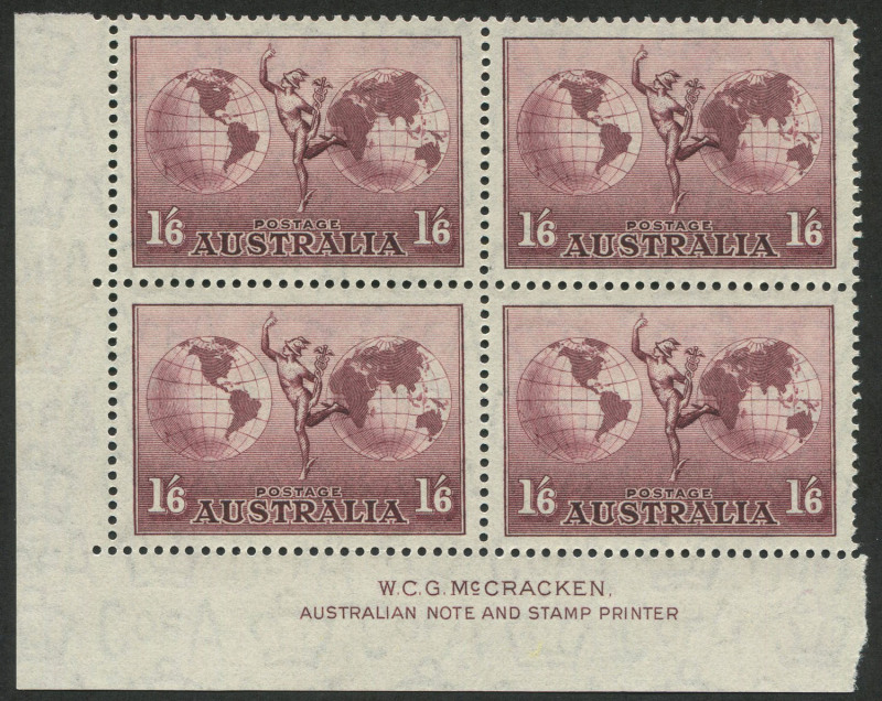 Australia: Other Pre-Decimals: Australia: 1934-48 (SG.153ab) 1/6d Hermes on Thin Rough Ordinary Paper, McCracken imprint block of 4, fresh MUH, Cat.$60.