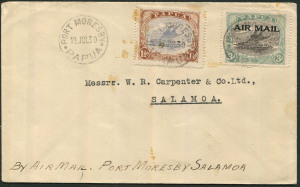 PAPUA - Aerophilately & Flight Covers: 1930 (July 21) Port Moresby-Salamaua flown cover (AAMC.P20) with Bicolour Lakatois 1½d and 3d 'AIR MAIL' tied by PORT MORESBY '19JUL30' datestamps, few minor stains from gum, Cat $325. Scarce.