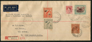 PAPUA - Aerophilately & Flight Covers: 1938 Port Moresby-Rabaul-Sydney Flight cover (AAMC.P134), Port Moresby black/red registration label, adhesives cancelled at Port Moresby (May 31), Rabaul (June 3) & Sydney (June 8), Cat.$50.