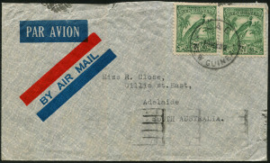 NEW GUINEA - Postal History: 1939 (May 19) airmail cover to Adelaide with Undated Birds 2½d green (SG.179a x2) tied by LAE datestamp, on reverse SALAMAUA transit and ADELAIDE arrival datestamps, cover with small opening faults at top. Scarce use of 2½d gr