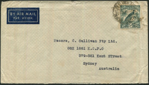 NEW GUINEA - Postal History: 1940 (April 27) commercial airmail cover to Sydney with Undated Birds 5d green (SG.182) tied by WEWAK datestamp, on reverse SALAMAUA transit backstamp.