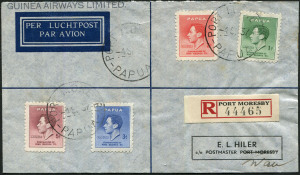 PAPUA - Postal History: New Guinea: 1937 (Sept.4) Guinea Airways cover to Wau with Coronation set tied by PORT MORESBY '4SP37' datestamp, red/black registration label, WAU arrival backstamp.