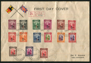 SARAWAK: 1947 (SG.150-164) 'GR' Overprints 1c to $5 complete set tied to illustrated FDC by SIBU '16AP47' FDI datestamps, Sibu registration handstamp numbered "1138" in manuscript; few tape marks on reverse do not detract from the frontal appearance. Quite scarce as most FDCs were serviced at KUCHING.