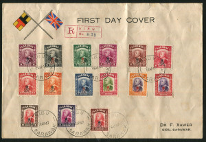SARAWAK: 1947 (SG.150-164) 'GR' Overprints 1c to $5 complete set tied to illustrated FDC by SIBU '16AP47' FDI datestamps, Sibu registration handstamp numbered "1138" in manuscript; few tape marks on reverse do not detract from the frontal appearance. Quit