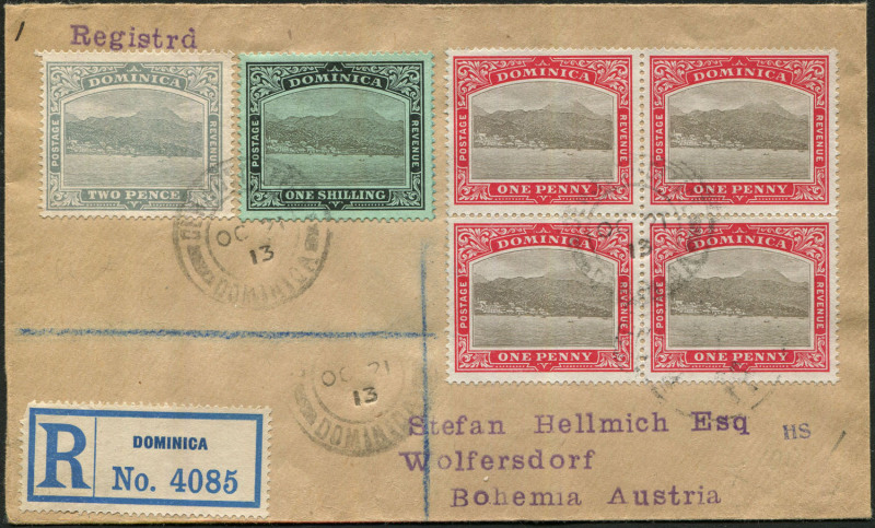 BRITISH WEST INDIES: Dominica: 1913 (Oct. 21) registered cover to Austria with 1d grey & red block of 4, 2d grey & 1/- black & green tied by  GEN. POST OFFICE/DOMINICA datestamps, LONDON transit backstamp. Very fine condition.