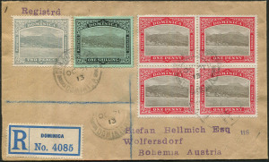 BRITISH WEST INDIES: Dominica: 1913 (Oct. 21) registered cover to Austria with 1d grey & red block of 4, 2d grey & 1/- black & green tied by  GEN. POST OFFICE/DOMINICA datestamps, LONDON transit backstamp. Very fine condition.