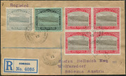 BRITISH WEST INDIES: Dominica: 1913 (Oct. 21) registered cover to Austria with 1d grey & red block of 4, 2d grey & 1/- black & green tied by&nbsp; GEN. POST OFFICE/DOMINICA datestamps, LONDON transit backstamp. Very fine condition.