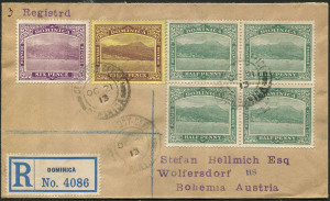 BRITISH WEST INDIES: Dominica: 1913 (Oct 21) registered cover to Austria with ½d blue-green block of 4, 3d purple/yellow & 6d dull and bright purple tied by GEN. POST OFFICE/DOMINICA datestamps, LONDON transit backstamp. Very fine condition.