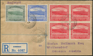 BRITISH WEST INDIES: Dominica: 1913 (Oct. 21) registered cover to Austria with ½d blue-green, 1d red carmine-red block of 4, & 2½d blue tied by GEN. POST OFFICE/DOMINICA datestamps, LONDON transit backstamp. Very fine condition.