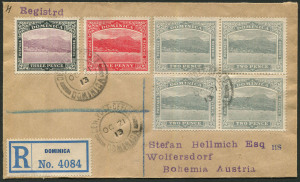 BRITISH WEST INDIES: Dominica: 1913 (Oct. 21) registered cover to Austria with 1d red carmine-red, 2d grey block of 4 & 3d dull purple & grey-black, tied by GEN. POST OFFICE/DOMINICA datestamps, LONDON transit backstamp. Very fine condition.