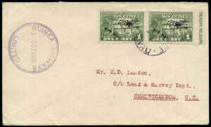 1 Oct. 1931 (AAMC.P33) Wau - Lae cover, flown by E. Mustar for Guinea Airways on the 3rd mail flight to carry the company's round purple cachet. Ex Ray Kelly, who reports "a small quantity of mail". Cat.$375