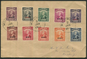 SARAWAK: 1945 (SG.126-135) BMA Overprints 1c to 15c including scarce 8c carmine tied by KUCHING '2/JAN/1946' datestamps to locally addressed cover, stamps alone Cat. £40+.