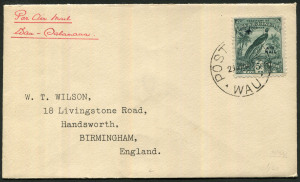 NEW GUINEA - Postal History: 1932 (May 29) Wilson airmail cover endorsed "Per Air Mail/Wau - Salamaua" with 5d Dated Bird Air (SG.169) tied by POST OFFICE/WAU datestamp (Powell Type 116, Rated C), AIR MAIL/SYDNEY transit backstamp.