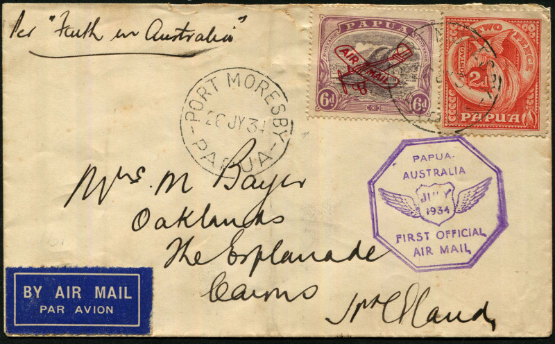 PAPUA - Aerophilately & Flight Covers: 1934 (July 26) Papua-Australia flown cover (AAMC.P134a), endorsed "Per Faith in Australia" with 6d 'AIRMAIL' and 2d Pictorial tied by PORT MORESBY datestamp, special cachet in violet, CAIRNS arrival backstamp, cover