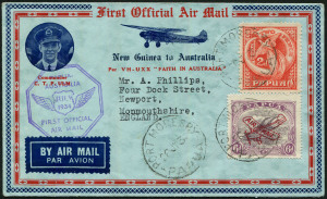 PAPUA - Aerophilately & Flight Covers: 1934 (July 26) Papua - Australia pair of illustrated flight covers (AAMC.P133a), both endorsed "Per Faith in Australia" each with different stamps franked by PORT MORESBY datestamps, both with the special cachet in violet & SYDNEY arrival backstamps, fine condition. (2 covers)