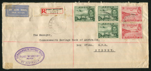 PAPUA - Postal History: 1940 (Apr.27) Commercial Savings Bank registered airmail cover to Sydney with 5d Airmail pair + single and 2d Declaration Air pair tied by PORT MORESBY datestamps, bank cachet at lower-left; SYDNEY arrival backstamps. Attractive commercial cover.
