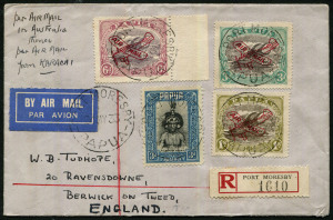 PAPUA - Postal History: 1933 (May 24) registered airmail cover to England with Airplane AIR MAIL Overprints 1/-, 6d & 3d plus 3d Papuan Dandy tied by PORT MORESBY datestamps, paying 1/6d airmail rate plus 3d Australian internal airmail fee & 3d registration, red black registration label, on reverse SYDNEY & PERTH transits, plus BERWICK-ON-TWEED arrival datestamp.
