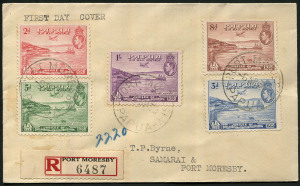 PAPUA: 1938 (SG.158-62) 50th Anniversary of Declaration 2d to 1/- set, tied to registered FDC by Port Moresby '6SP38' FDI datestamps, red/black registration label, fine condition, stamps alone Cat £55.