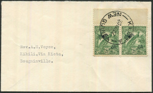 NEW GUINEA - Postal History: 1937 (Oct.26) Voyce cover addressed to Bougainville with Undated Birds Air 2½d green marginal pair cancelled with KIETA '26OC37' datestamp, very fine condition.