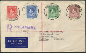 NEW GUINEA: 1937 (Oct 18) registered cover to England with Coronation set tied by POST OFFICE/SALAMAUA datestamps, Salamaua registration handstamp in violet, fine condition.