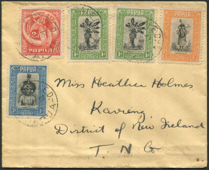 PAPUA - Postal History: 1937 (Nov.1) Burns Philp (crest on flap) cover to Kavieng with ½d, 1d (2), 2d, & 3d Pictorials tied by SAMARAI datestamps, on reverse unfranked 1½d, 4d & 5d Pictorials.