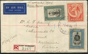 PAPUA - Aerophilately & Flight Covers: 1938 (June 4) Carpenter Airlines Port Moresby-Sydney flown registered cover (AAMC.P133a) with 2d, 3d & 5d Pictorials tied by PORT MORESBY datestamp, black/red registration label, addressed to Toorak; PORT MORESBY, SYDNEY & TOORAK backstamps. Very attractive.