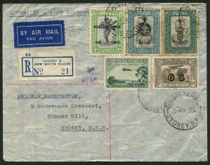 Australia: Aerophilately & Flight Covers: 1938 (May 30) Sydney-Port Moresby-Sydney flown registered cover (AAMC.812) with attractive Australia/Papua franking including 6d Kingsford Smith optd 'OS', addressed to Summer Hill (NSW), on reverse SYDNEY, PORT MORESBY & SUMMER HILL (arrival) datestamps.