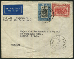 PAPUA - Postal History: 1939 (Mar 3) airmail cover to England endorsed "Via Aus.-Singapore/English Air Services" with 3d Papuan Dandy + 2d Declaration tied by SAMARAI datestamp. Attractive franking paying 5d airmail rate.