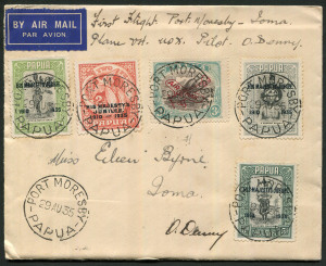 PAPUA - Aerophilately & Flight Covers: 1935 Port Moresby-Ioma flown cover (AAMC.P86) with Silver Jubilee set + 3d Airmail tied by PORT MORESBY '29AU35' datestamps, cover endorsed and signed by pilot Orme Denny, IOMA P.O. backstamp, fine condition, Cat.$20