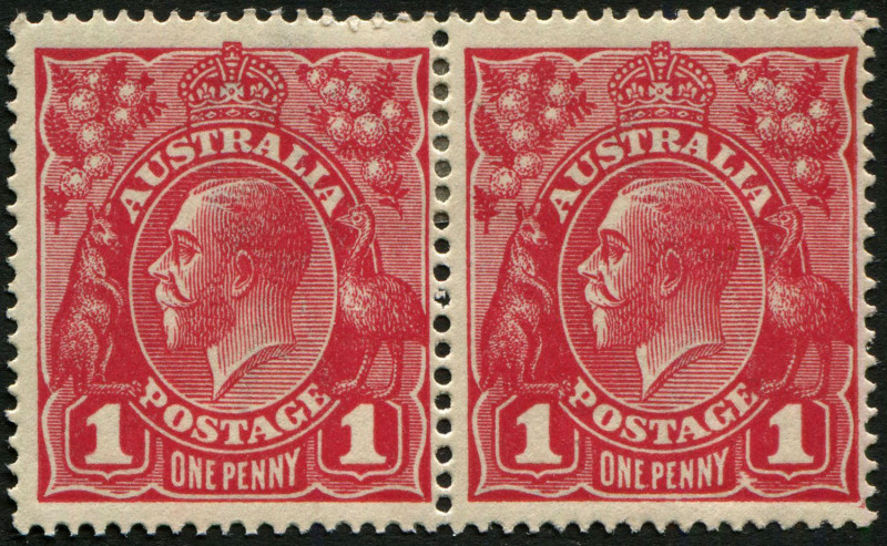 Australia: KGV Heads - Single Watermark: 1914-20 (SG.21) KGV Single Wmk Smooth Paper 1d Red pair, right-hand unit with variety "Ferns" [VII/54], fine mint, BW:71(4)ia - Cat $75+.