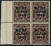 Australia: BCOF Japan: Australia - BCOF Japan: 1946-49 (SG.J3) Overprinted KGVI 3d marginal block of 4, upper-left unit with unlisted overprint variety "Broken B (at base) of B.C.O.F.", fresh MUH, Cat $40+.