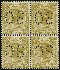 VICTORIA: 1901-12 (SG.390) Watermark V/Crown (inverted) 4d bistre, perf. 'OS' block of 4, very fresh MUH, BW:V86ba, Cat $100 plus substantial premium for MUH.