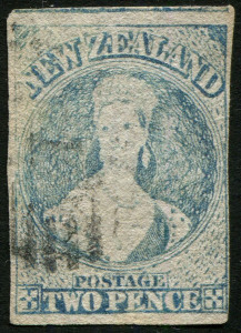 NEW ZEALAND: 1862-64 (SG.38) Large Star imperf 2d pale blue (worn plate) Chalon, complete margins (very close at lower-right) with portion of adjoining stamp evident at top, lightly cancelled, Cat. £90.