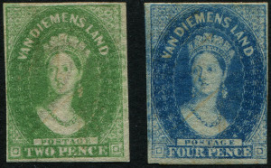 TASMANIA: 1857-67 (SG.32 & 37) Numeral Wmk imperf 2d yellow-green (complete margins) & 4d blue Chalon (outer frameline shaved at lower right), both regummed with faded fiscal cancels, Cat £148 (when postally used). Attractive space fillers.