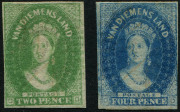 TASMANIA: 1857-67 (SG.32 & 37) Numeral Wmk imperf 2d yellow-green (complete margins) & 4d blue Chalon (outer frameline shaved at lower right), both regummed with faded fiscal cancels, Cat &pound;148 (when postally used). Attractive space fillers.