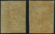 TASMANIA: 1857-67 (SG.32 & 37) Numeral Wmk imperf 2d yellow-green (complete margins) & 4d blue Chalon (outer frameline shaved at lower right), both regummed with faded fiscal cancels, Cat &pound;148 (when postally used). Attractive space fillers. - 2