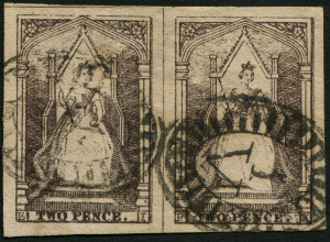 VICTORIA: 1854 (SG.20) Campbell Printing 2d grey-lilac QOT pair [EI, FK], fine used with Barred Oval '1' cancels, Cat. £100+.