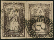 VICTORIA: 1854 (SG.20) Campbell Printing 2d grey-lilac QOT pair [EI, FK], fine used with Barred Oval '1' cancels, Cat. &pound;100+.