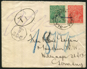 Australia: Postal History: 1923 (July 3) cover to Germany with KGV 2d Red & 1½d Green tied by SOUTH YARRA (Vic) datestamp, tax handstamps and manuscript markings, fine condition.