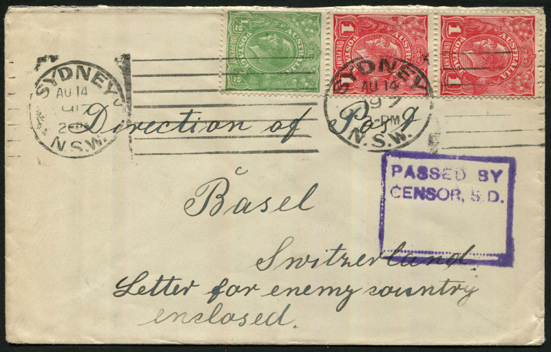 Australia: Postal History: 1917 (Aug.14) cover to Switzerland endorsed "Letter for enemy country/enclosed" with KGV 1d Red Rough Paper pair & ½d Green tied by SYDNEY machine cancel, boxed 'PASSED BY/CENSOR, S.D.' handstamp in violet, BASEL arrival backsta