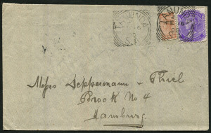 SOUTH AUSTRALIA - Postal History: 1900 (Feb.16) cover to Hamburg, Germany with 2d violet & ½d brown tied by very fine strike of TANUNDA 'FE16/00' squared-circle datestamp, with another fine strike alongside, on reverse Adelaide transit and large-part arrival datestamp.