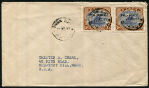 PAPUA - Postal History: 1931 (July 24) cover to USA with 'TWO PENCE' on 1½d (SG.122) pair cancelled with BUNA BAY datestamps, another good strike alongside, typed address, very fine.