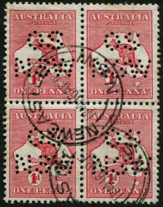 Australia: Kangaroos - First Watermark: 1d Red Die II perf 'OS/NSW' block of 4, well centred, attractively used with NEWCASTLE (NSW) April 1915 datestamps.