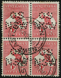 Australia: Kangaroos - First Watermark: 1d Red Die II perf 'OS/NSW' block of 4, well centred, attractively used with NEWCASTLE (NSW) April 1915 datestamps. 