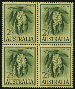 Australia: Other Pre-Decimals: Australia: 1959-64 (SG.324a) 2/3d Wattle on yellow paper, variety "Oblique line through right side of first 'T' of 'WATTLE' - 2nd retouch - Thin 'T'", being the upper-left unit in a block of 4, MUH, BW:368fb - Cat, $80+.